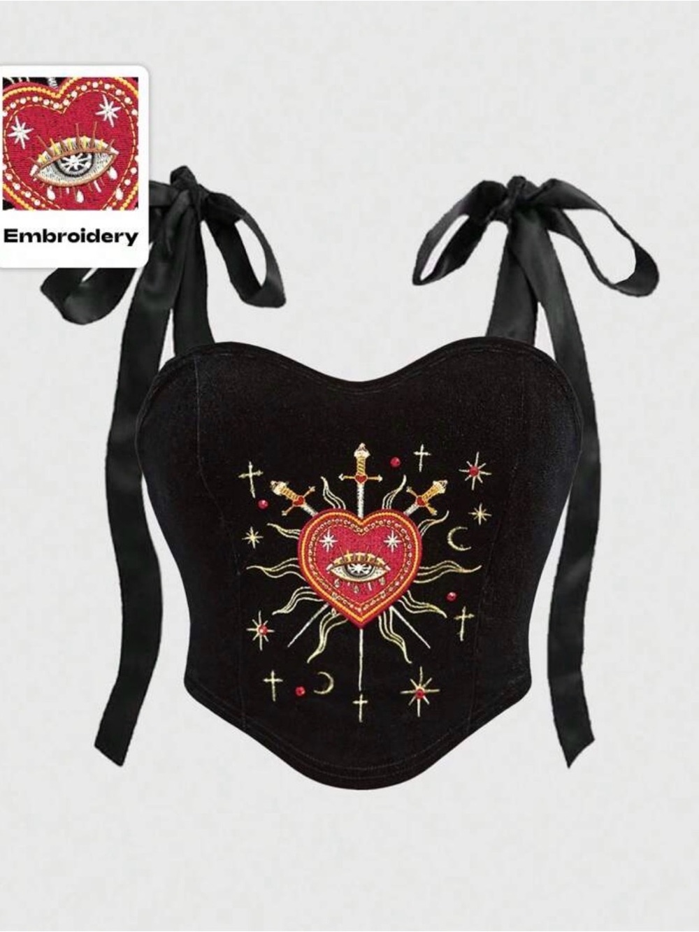 Black Heart Embroidered Corset Top with Tie Straps